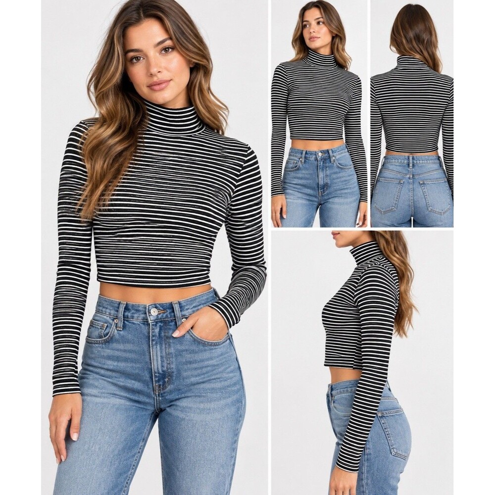 Zara Black White Striped Cropped Turtleneck Long Sleeve Stretch Top Size Small